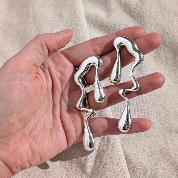 Liquid Drip Statement Earrings, Oversized Squiggly Silver Sculptural Earring, Irregular Artistic Y2k Earrings, Bold Unique Cool Jewelry