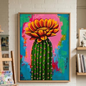 A vibrant cactus flower artwork full of color, energy and modern botanical expression, wall art