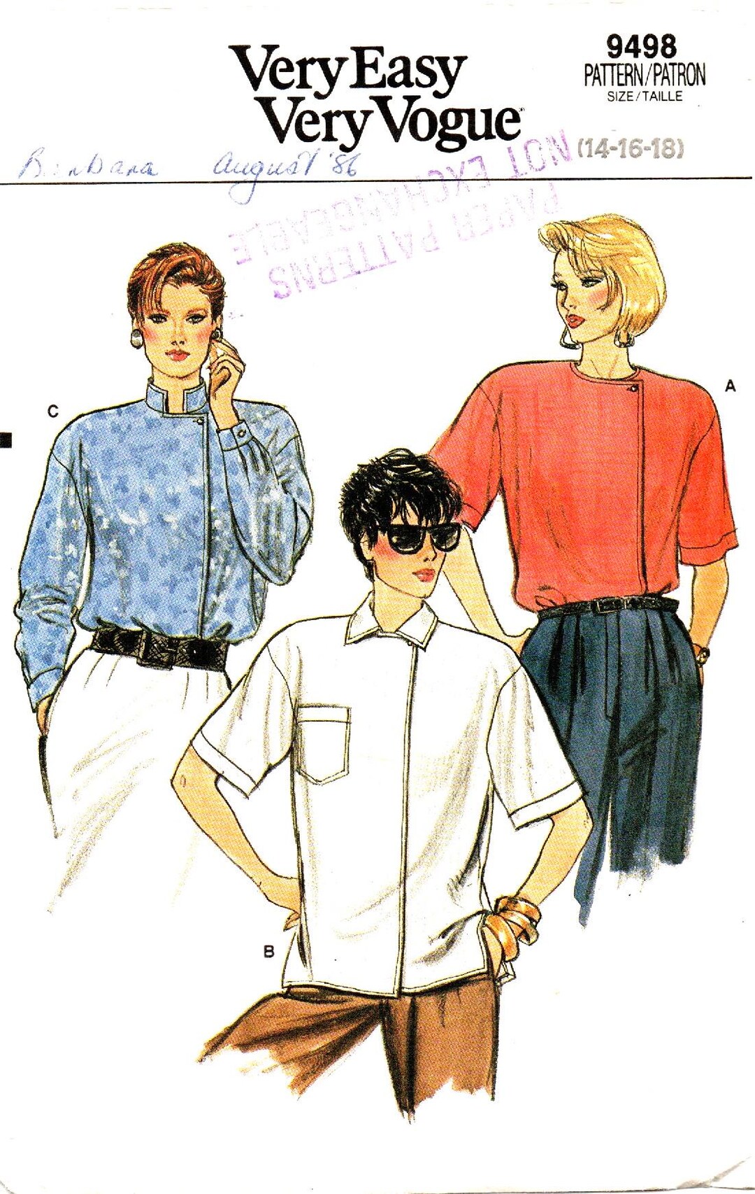 Vogue Sewing Pattern Vintage 1986 Misses Loose Fitting Shirts Sz 14,16 ...