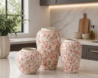 Jarrón floral de cerámica hecho a mano / Jarrón rojo y blanco para el hogar