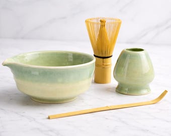 Juego de té Matcha verde natural de cerámica hecho a mano / Chawan Wabi-Sabi / Kit artesanal para la ceremonia del té