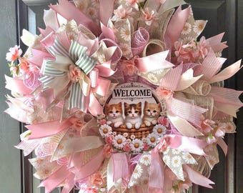 Pink Floral Cat Wreath, Kitten Welcome Door Decor, Handmade Daisy Ribbon Front Door Wreath, Cute Pet Lover Gift