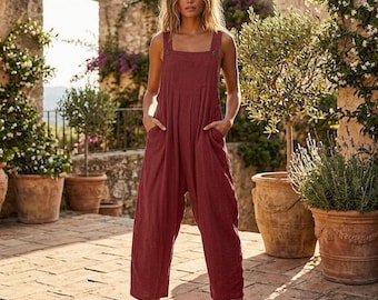 Women's Wide Leg Jumpsuit Boho Sleeveless Overalls with Pockets, Casual Summer Dungarees
