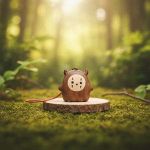 May include: A wooden figurine of a character with a round face, red horns, and a brown body. The figurine is on a small wooden slice with a red string attached. The background is a blurred forest scene.