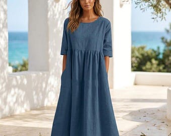 Oversized Cotton Maxi Dress with Pockets, Boho Smock Style, Casual Loungewear