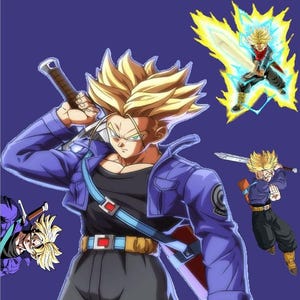 May include: Anime-style illustration of a character with spiky blonde hair, wearing a blue jacket, black shirt, and gray pants. The character is holding a sword. Additional smaller images of the character are also present on a blue background.