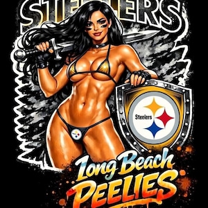 May include: Illustration of a woman in a gold and black bikini holding a sword and shield with the Pittsburgh Steelers logo. The image includes the text "Steelers" and "Long Beach Peelies" on a black background.