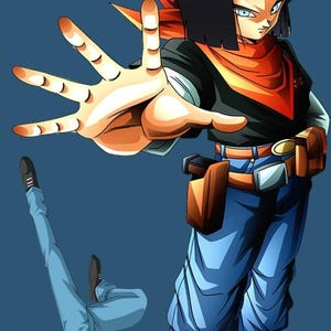 May include: Anime-style illustration of a character with black hair, blue eyes, and an orange scarf. The character wears a black shirt, blue jeans, and green and blue sneakers. The character is in a dynamic pose with one hand outstretched.