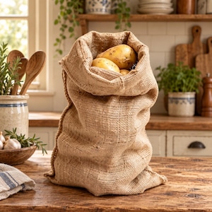 May include: A tan burlap sack with a wide, open top containing several raw, light brown potatoes. The bag is made of a coarse, woven fabric with visible fibers and a structured, upright shape, resting on a wooden surface.