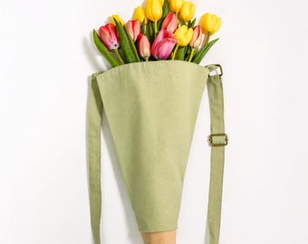 Bolso de lona verde personalizado para flores, bandolera ajustable para ramos.