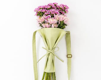 Bolso de lona verde personalizado para flores, bandolera ajustable para ramos.