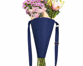 Personalized Blue Canvas Flower Bag, Adjustable Crossbody Bouquet Carrier