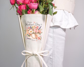 Personalized Canvas Flower Bouquet Bag, Custom Floral Carrier, Mother's Day Gift