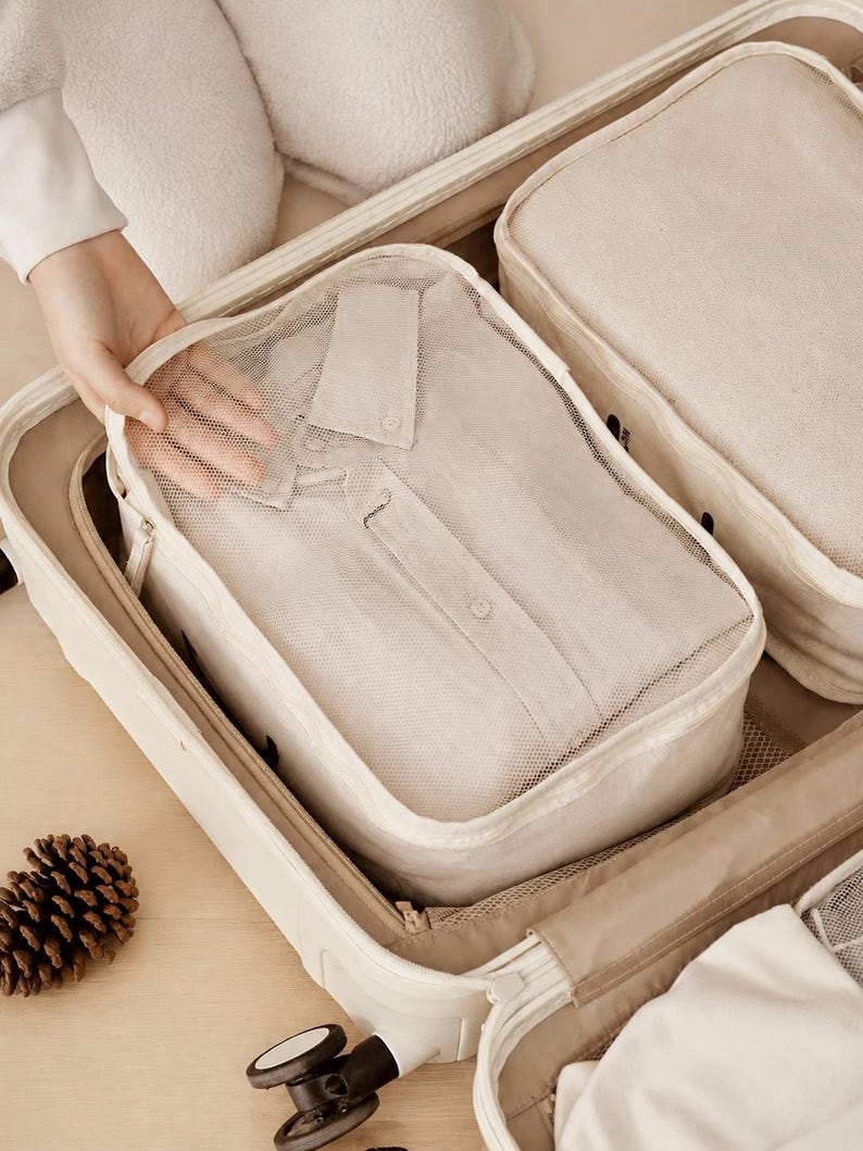 May include: A beige rectangular packing cube with a mesh top panel containing a folded light-colored button-down shirt. The organizer is placed inside an open beige suitcase alongside other similar storage cubes and a pinecone.