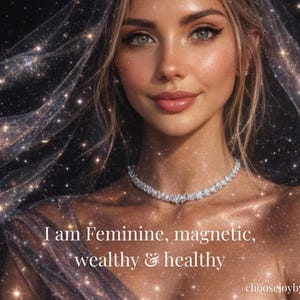 May include: Digital artwork of a woman with blonde hair and a diamond necklace. The image has a dreamy, ethereal quality with sparkling effects. Text on the image reads: "I am Feminine, magnetic, wealthy & healthy."
