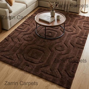 Hand-Tufted Geometric Wool Rug, Textured Cut Loop Brown Carpet, Modern Japandi Floor Art