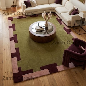 Hand Tufted Wool Rug, Modern Geometric Border Area Carpet, Green Burgundy Living Room