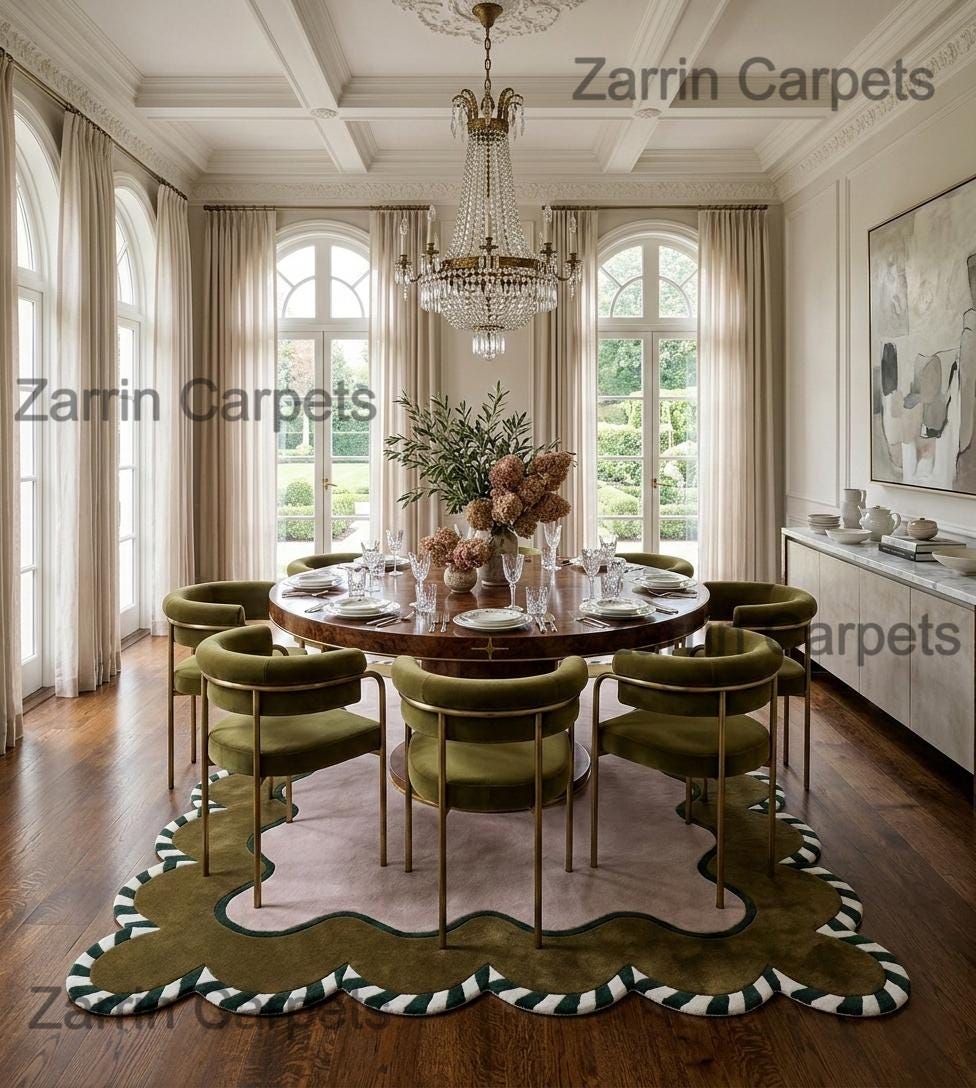 Hand Tufted Wool Scalloped Rug, Olive Green Organic Modern Wavy Border ...
