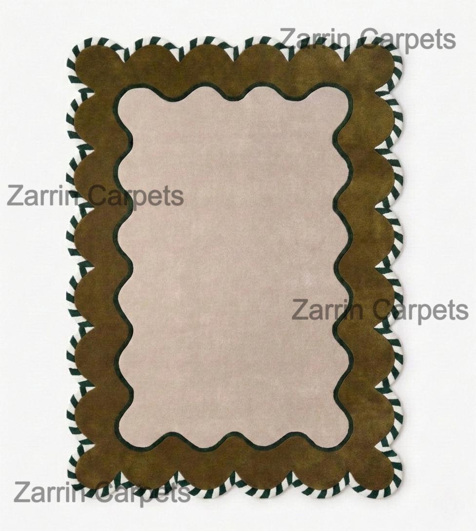 Hand Tufted Wool Scalloped Rug, Olive Green Organic Modern Wavy Border ...