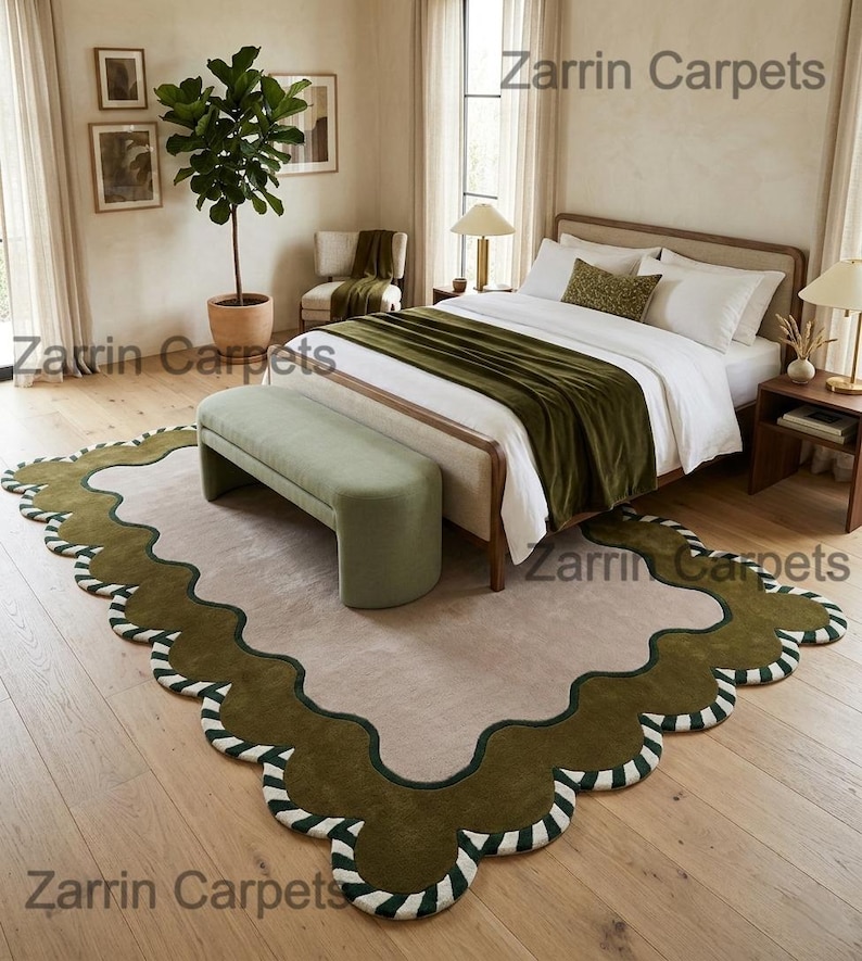 Hand Tufted Wool Scalloped Rug, Olive Green Organic Modern Wavy Border ...