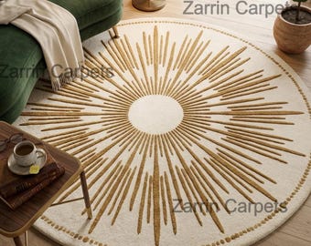 Round Sunburst Hand Tufted Wool Rug, Cream Gold Modern Carpet 5x5ft 6x6ft
