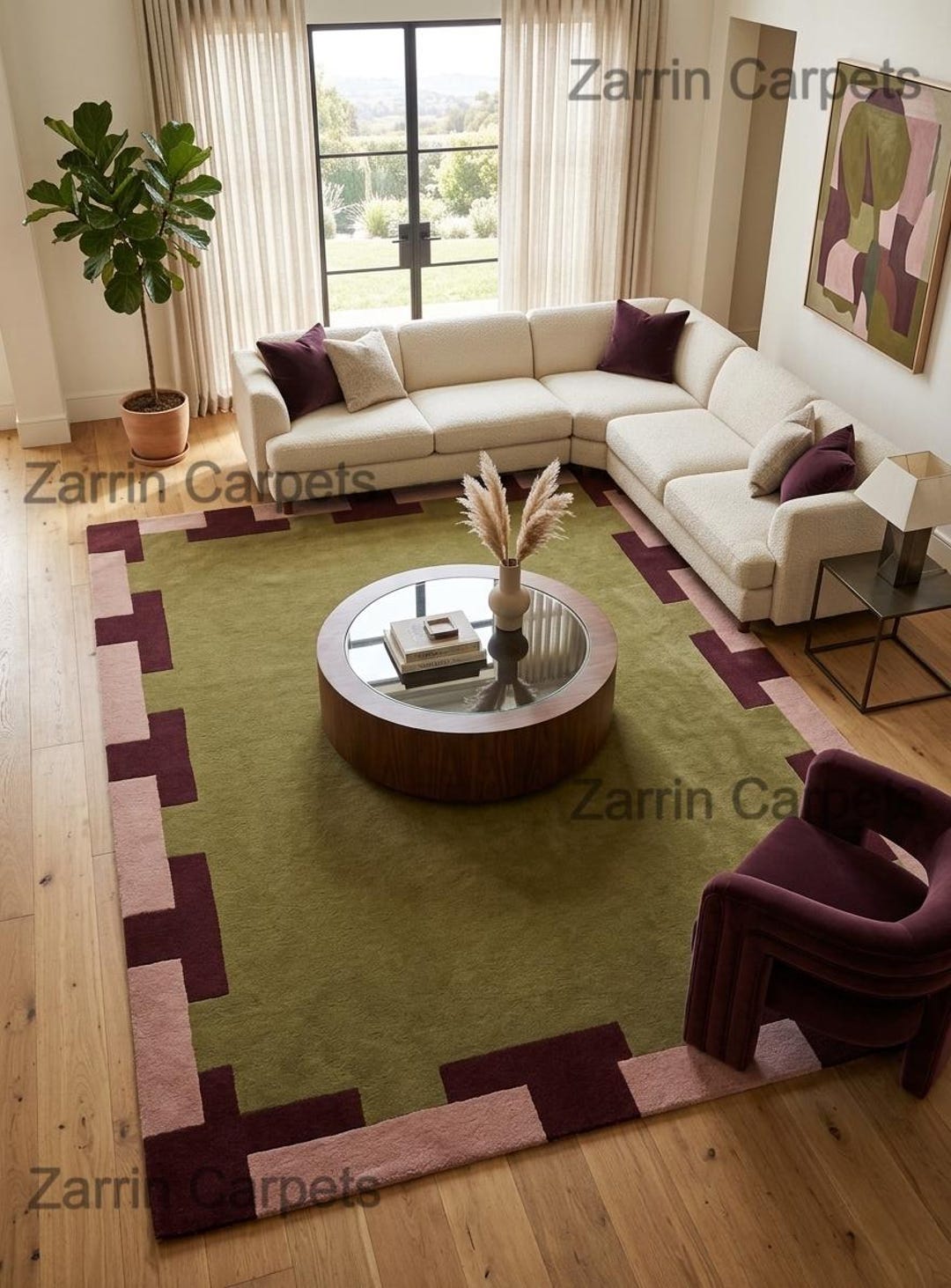 Maroon Border Rug Hand Tufted Wool Rug, Modern Geometric Border Area Carpet, Green ...