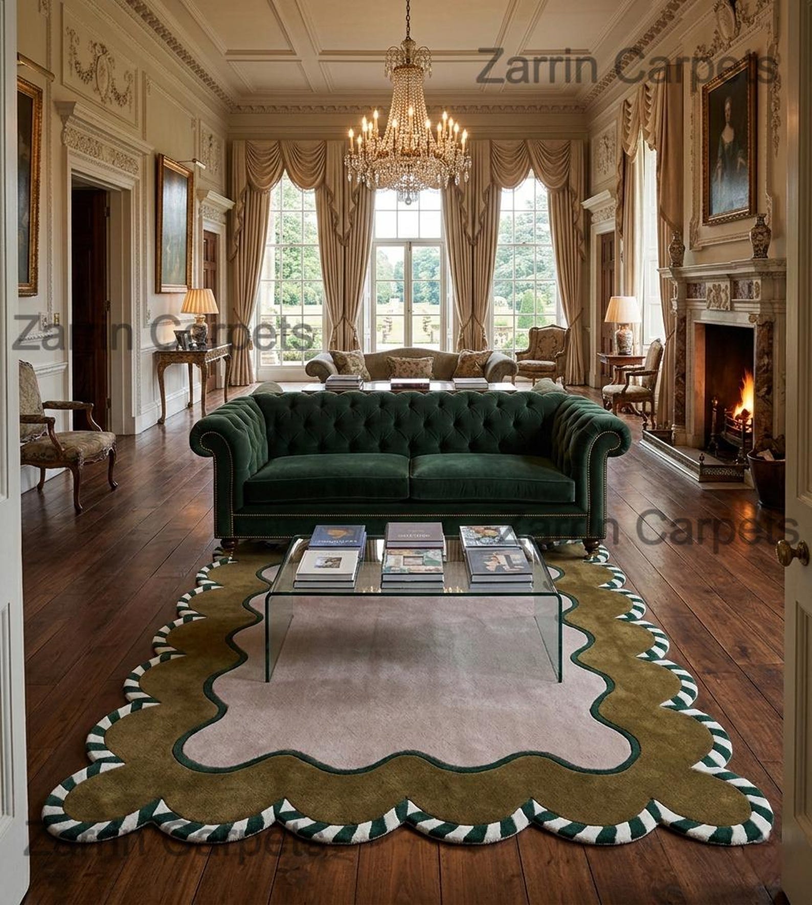 Hand Tufted Wool Scalloped Rug, Olive Green Organic Modern Wavy Border ...