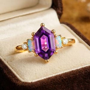 Hexagon Amethyst & Baguette Opal Engagement Ring, Art Deco Style Promise Ring, Moissanite Accent Ring, Five Stone Stackable Ring For Women's