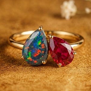 Pear Cut Schwarz Opal & Rubin Ring Minimalist Toi Et Moi Ring Teardrop Zwei Stein 925 Starling Silber Ehering Du und ich Ring