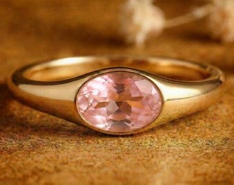 Oval Cut Ross Quarz Ring, Solitaire East West Set Siegelring, Blush Set Siegelring, Minimalistischer Ring, Einzelstein Geschenkring