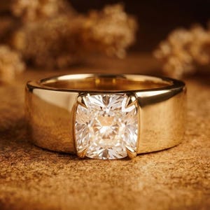 Cushion Cut Moissanite Cigar Band, Thick Gold Statement Ring, Men's Solitaire Engagement Ring, Modern Promise Band, April Birthstone Gift