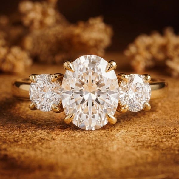 Oval Three Stone Moissanite Engagement Ring with Half Moon Side Stones, 14K Gold Over Silver Trilogy Ring, Unique Crescent Moissanite Ring