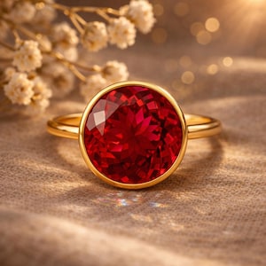 Peut inclure: Une bague en or ornée d'une grosse pierre précieuse rouge ronde et facettée. La pierre est sertie dans un sertissage à lunette, et le corps de la bague est en or poli simple. La bague est présentée sur une surface de ton neutre.