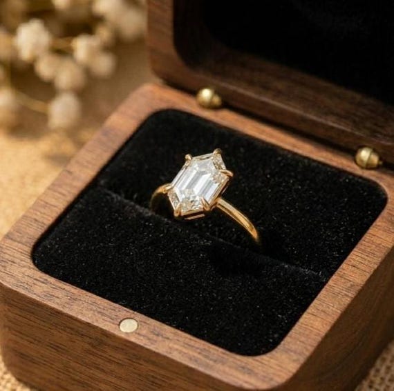 3ct Dutch Marquise Moissanite Engagement Ring, Step Cut Solitaire in 14k Gold or Sterling Silver, Unique Vintage Inspired Wedding Bride Ring
