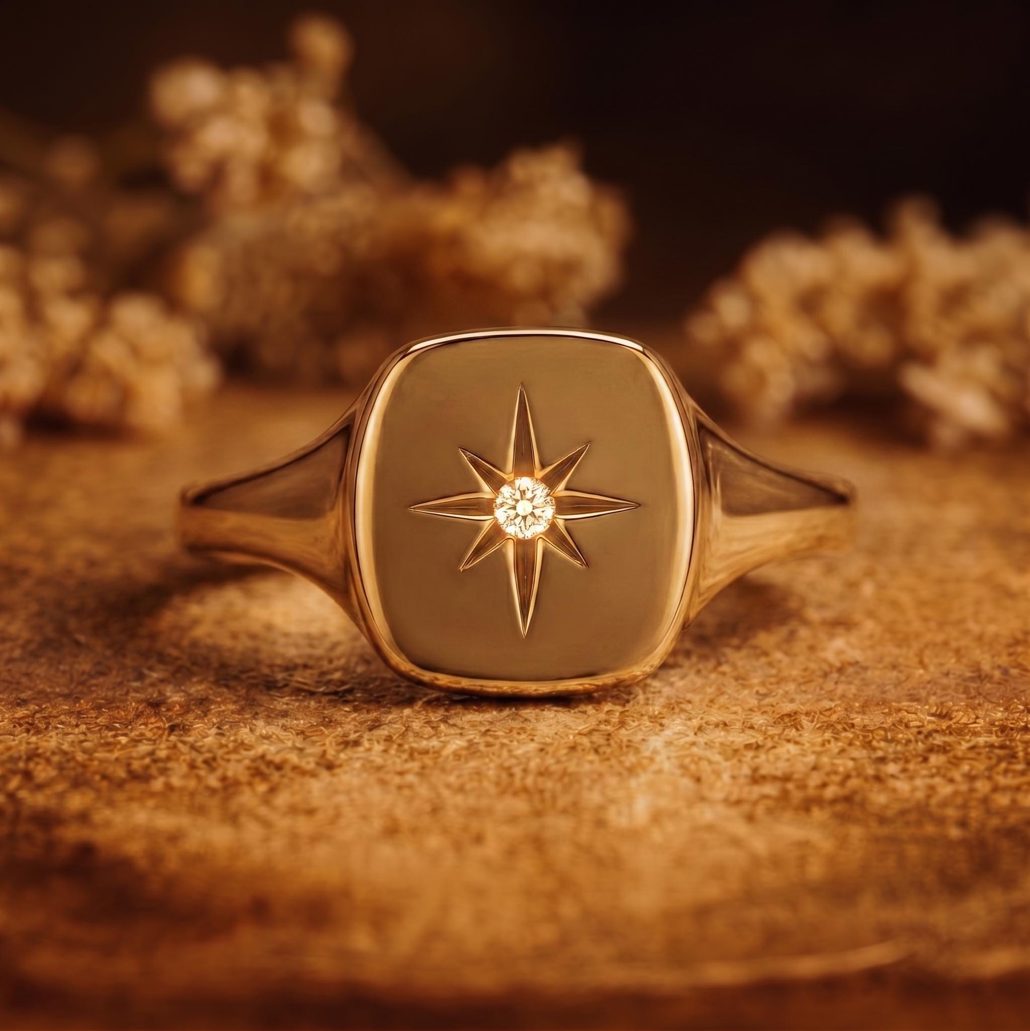 North Star Signet Ring, Moissanite Starburst Ring, Minimalist Gold…