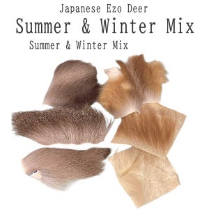 Puede incluir: Una colección de piezas de piel de ciervo Ezo en varios tonos de marrón y beige. La imagen incluye el texto "Japanese Ezo Deer Summer & Winter Mix."
