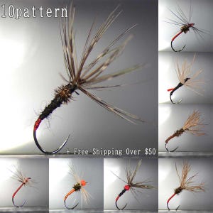 May include: Close-up of a fly fishing lure with a black body, red accents, and feathery wings. The image includes the text "10pattern". Several variations of the fly are shown, each with a curved hook.