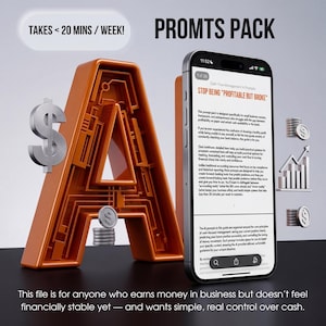 May include: An orange, maze-like letter "A" with a silver dollar sign and coins. A smartphone displays text: "STOP BEING 'PROFITABLE BUT BROKE'". Text reads: "TAKES < 20 MINS / WEEK!" and "PROMTS PACK". The image is for cash flow management.