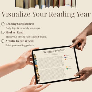 May include: A digital reading tracker on a tablet, held by two sets of hands. The tracker displays a grid for tracking reading progress, with color-coded key. The text "Visualize Your Reading Year" is at the top, with options for reading consistency, haul vs read, and artistic genre wheel.