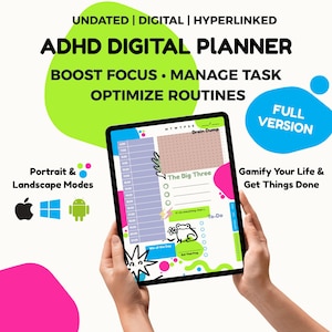 Könnte beinhalten: Ein digitales ADHD-Planer-Design auf einem Tablet. Es enthält Abschnitte für Zeitmanagement, Aufgabenlisten und tägliche Erfolge. Der Text umfasst "ADHD DIGITAL PLANNER", "BOOST FOCUS" und "OPTIMIZE ROUTINES". Das Design verwendet helle Farben und verspielte Grafiken.