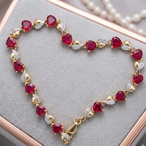 6Ct Heart Cut Lab-Created Ruby & Diamond Women's Tennis Bracelet 14k Yellow Gold Finish Red Heart Bracelet, Stylish Bracelet, Gift For Her
