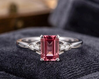2CT Emerald Cut Lab Created Tourmaline Women's Engagement Ring 14K White Gold Finish Pink Gemstone Ring, Party Wear Ring