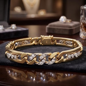 May include: A gold bracelet with a chain link design, featuring diamond accents. The bracelet is displayed on a black surface, with other jewelry visible in the background.