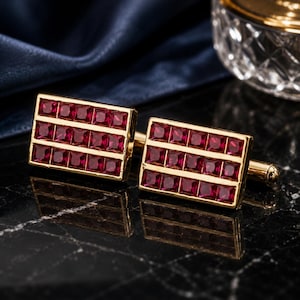 3CT Princess Cut Lab Created Red Ruby Men's Fancy Cufflinks 14K Yellow Gold Finish, Shirt Accessories, 925 Sterling Silver, Gift For Him