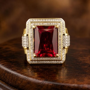 3Ct Emerald Cut Lab Created Red Ruby Men's Engagement Ring 14K Yellow Gold Plated, Promise Ring, Heavy Ring, Silver Ring, Gift For Him