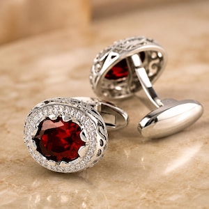 2CT Oval Cut Lab Created Red Ruby Men's Fancy Cufflinks 14K White Gold Finish, Fancy Wedding Cufflinks Gift For Him, Gemstone  Cufflinks