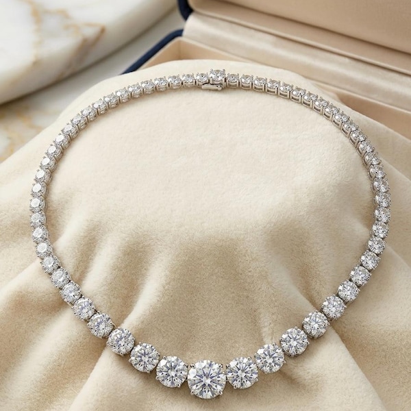20Ct Round Cut Lab Created Diamond Tennis Necklace, 14K White Gold Plated Tennis Necklace, Luxury Bridal Jewelry, Statement Necklace 16 Inch