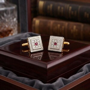 3CT Round Cut Lab Created Red Ruby Men's Fancy Cufflinks 14K Yellow Gold Finish, Diamond Cufflinks, Gemstone Cufflinks, Gift For Him