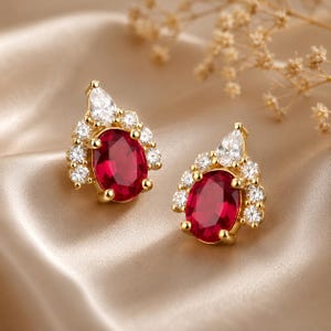 2Ct Oval Cut Lab-Created Ruby Women's Stud Earring 14K Yellow Gold Finish Silver, Elegant Earring ,Red Gemstone Earrings, Gift For Her
