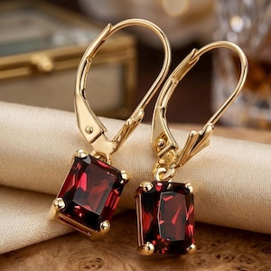 2Ct Emerald Cut Lab Created Red Ruby Women's Drop Earrings 14K Yellow Gold Finish Silver, Red Stone Jewelry, Trendy Jewelry, Gift For Her